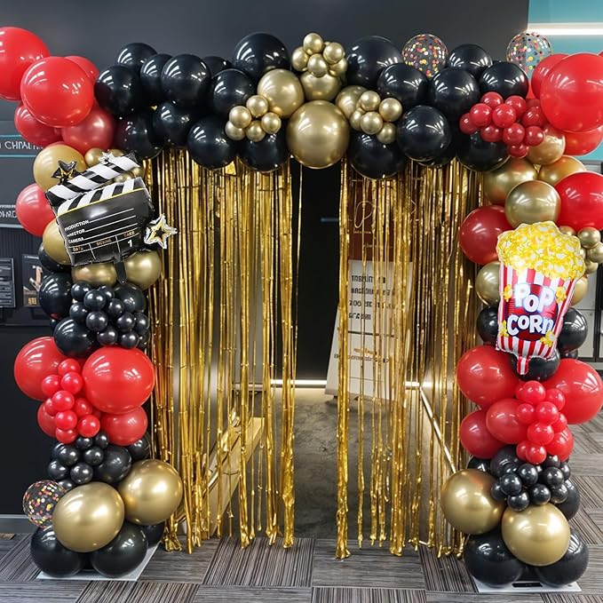 Movie Night Party Balloons, Red Black Gold Confetti Balloons with Film Clapboard and Pop Corn Foil Balloon for Boy Girl Movie Theme Party Decorations Graduation Baby Shower Birthday
