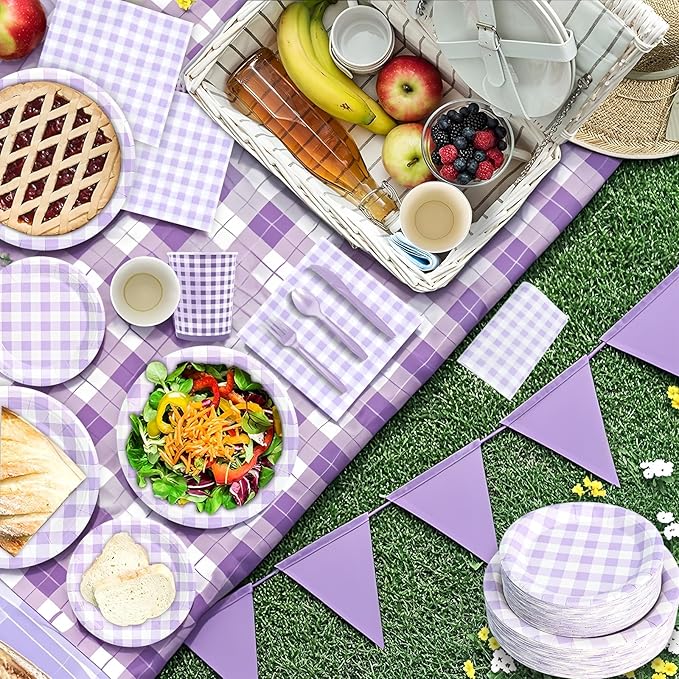180Pcs Purple Gingham Party Supplies Paper Plates and Napkins Serve 60 Disposable Tableware Set for Birthday Party Decorations Game Day Family Holiday Sports Events