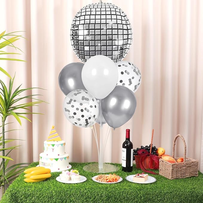 Disco Ball Party Balloons Stand Kit 2 Sets with 2 Silver 4D Discoball Foil Balloon Disco Ball Centerpiece for Tables 70s 80s 90s Dance Themed Birthday Decorations Silver White Party Supplies