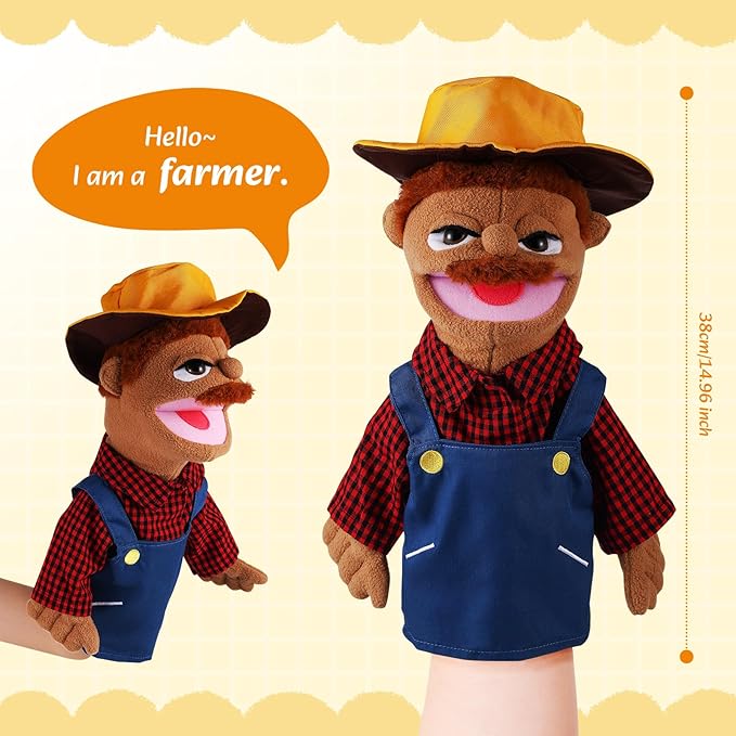Role Play Hand Puppets Hand Plush Chef Doctor Fireman Pirate Detective Athlete Nurse Worker Hand Puppet Toys Puppets for Kids Storytelling Imaginative Pretend Play Teaching Preschool(Farmer)