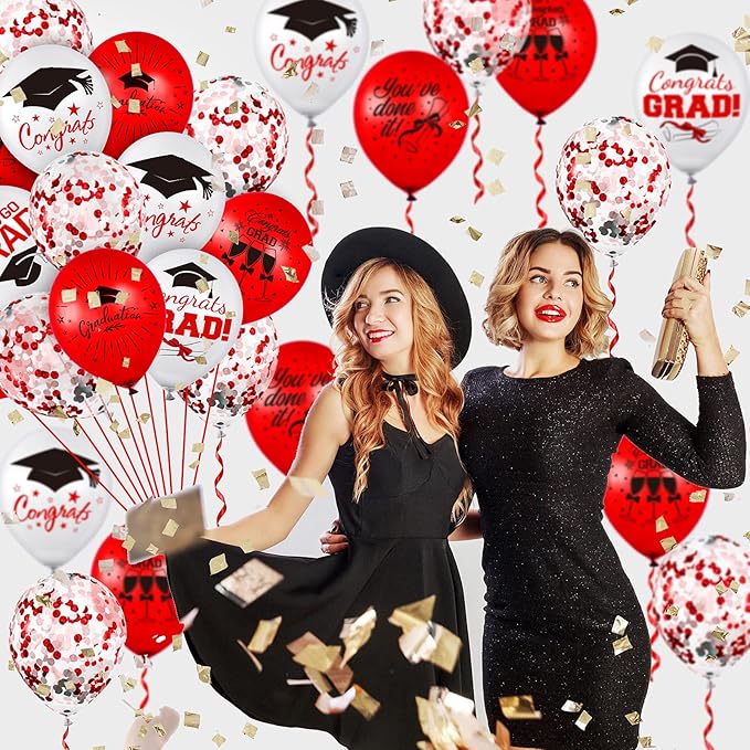 Whaline 60Pcs Graduation Party Balloon Set 7 Designs Confetti Latex Balloon with 2 Rolls Red Ribbon Grad Cap Congrats Grad Balloon for Graduation Party Decoration Supplies (Red, White)