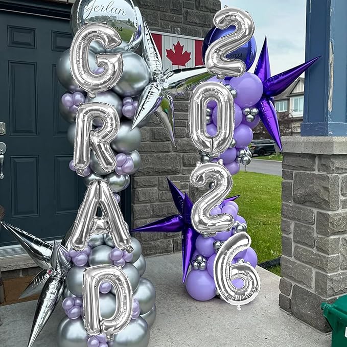 Silver 2026 GRAD Foil Balloons, 16 Inch Metallic Silver Grad Congrats Balloons Banner for Graduation Decorations 2026, College High School Class of 2026 Graduate Congratulations Party Decor Supplies