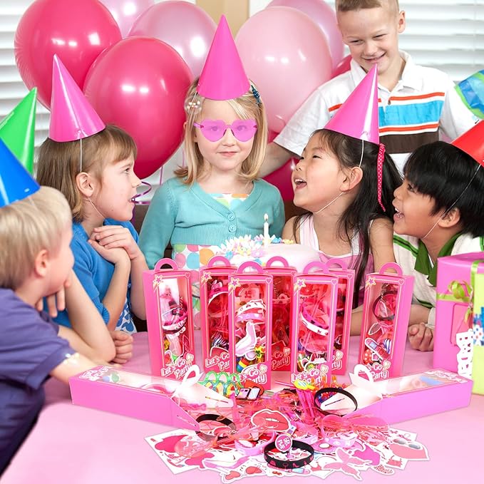 132Pcs Pink Girls Party Favors Pack - For 12Guests, Includ Goodie Box Heart Glasses Straws Bubble Wands Tattoo Sticker Bracelet Keychain, for Kids Girls Birthday Party Decoration Supplies