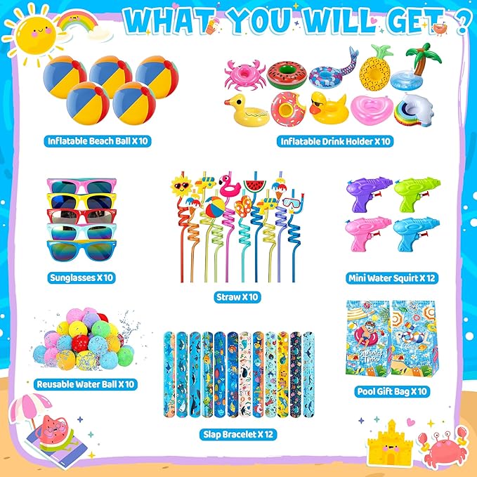 Pool Party Favors, 85 PCS Beach Party Favors Party Bag Stuffers for Kids, and More for summer party favors, luau party favors, Birthday Party Supplies
