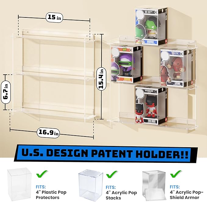 WINKINE Wall Display Shelves Compatible with 21 Funko Pop in Box, Easy Install - Only 2 Screws per Shelf, Acrylic Floating Shelves Stackable, Action Figure Stand, Collectibles Display Case, 2 Pack