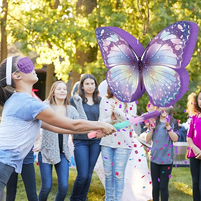 Hooqict Butterfly Piñata Purple Butterfly Pinata with Blindfold and Bat Stick for Kids Girls Spring Garden Family Games Purple Fairy Birthday Party Decorations Supplies