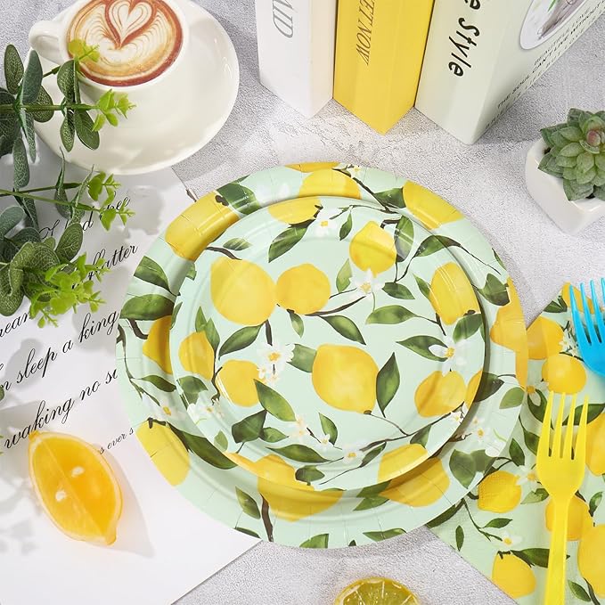 96 Pcs Lemon Party Decorations Summer Lemon Birthday Party Supplies Plates Napkins and Forks for Yellow Lemon Baby Shower Bridal Shower Serves 24