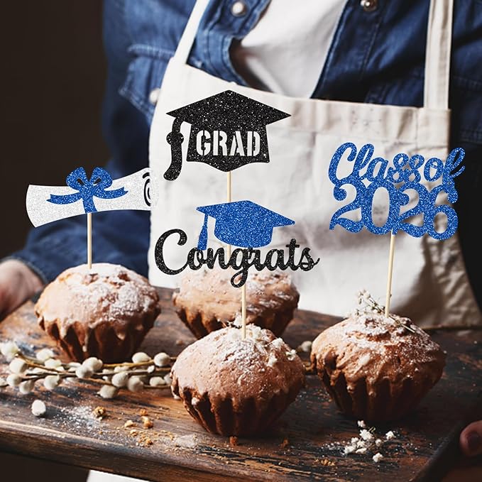 Blue Graduation Cupcake Toppers Decorations Class of 2026 Cupcake Topper Graduation Cup Cake Picks Congrats Grad Party Decor Supplies Set of 24