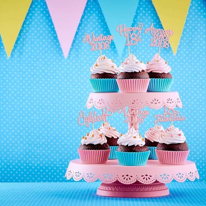 Ephlyn 30Pcs Vintage 2008 Cupcake Toppers Glitter Eighteen Happy 18th Birthday 18 Fabulous Cupcake Picks Cheers to 18 Years for 18th Birthday Wedding Anniversary Party Cake Decorations Supplies Pink