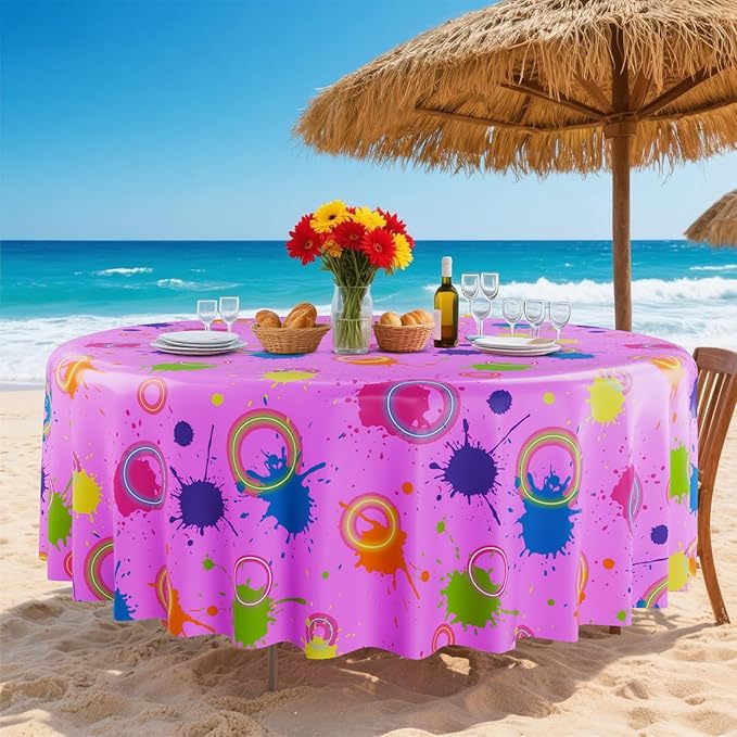Oudain 6 Pcs Neon Party Table Cloths for Parties 84" Round Disposable Plastic Table Covers for Birthday Baby Shower 80s 90s Party Supplies Decor (Colorful)