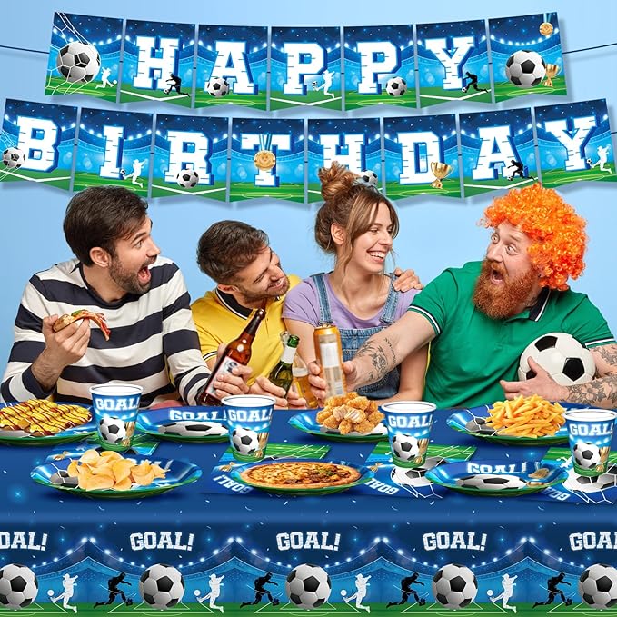 Soccer Birthday Party Decorations Set Includes Dinner Plates, Napkins, Cups, Banner and Tablecloth for Soccer Sports Theme Birthday Decorations, Serve 24