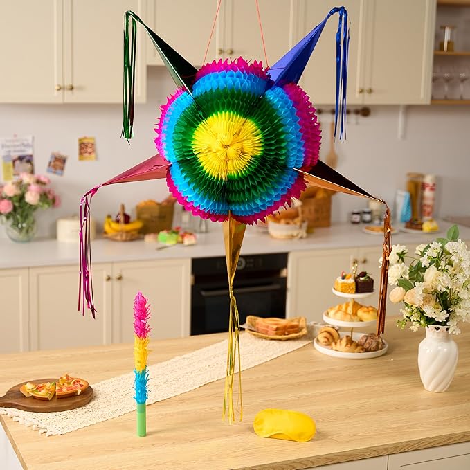 JOYIN 33 Inch Large Star Pinata, Foldable Mexican Fiesta Pinata with Vibrant Honeycomb Center, Traditional Colorful Party Decorations for Cinco De Mayo, Kids Birthday Supplies & Taco Tuesday