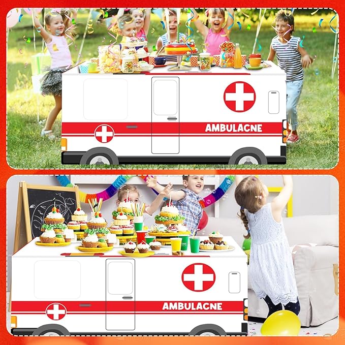 Cumule Large Ambulance Tablecloths Ambulance Birthday Party Decorations Washable Polyester Rectangle Table Cover Decor for Dinner Picnic Table Cloth School Home Decoration 70.8x30.7x30.7Inch