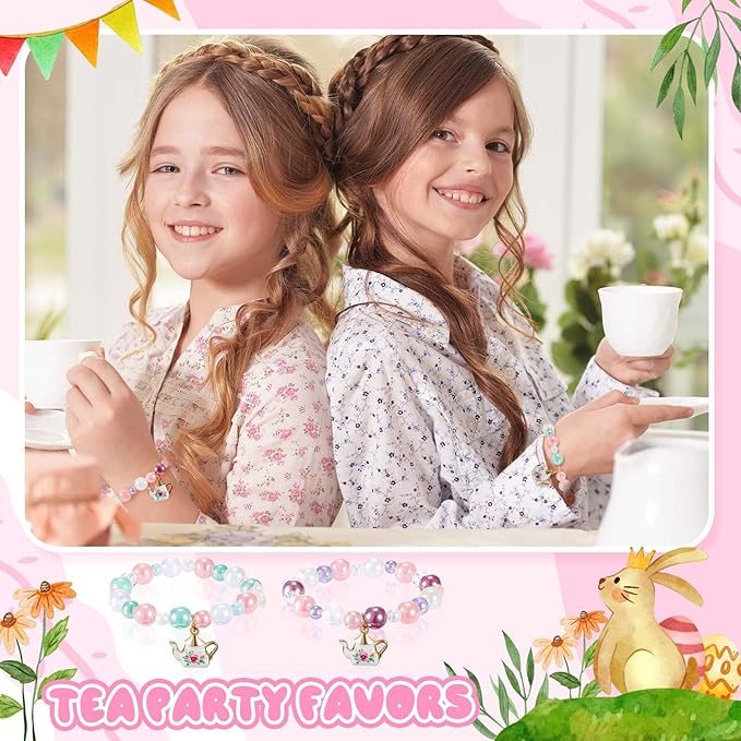 Ecally 12 Pcs Tea Party Favors Bracelet Bulk Tea Pot Beaded Bracelet Party Supplies Pendant Accessories Valentine's Day Decorations for Kids Girl
