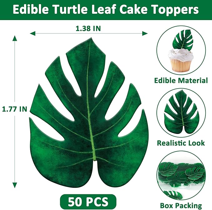 50 PCS Hawaiian Party Decorations, 1.77 IN Tropical Turtle Leaves for Cake Decor, Green Hawaiian Cake Toppers Summer Cupcake Toppers, Plam Leaf Jungle-theme Decorations Tropical Party Decorations