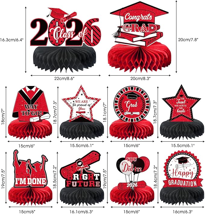 10PCS Graduation Party Decorations Class of 2026 Congrats Grad Table Centerpieces Congratulate Graduation Honeycomb Table Toppers for Graduation Party Supplies(Red Black)