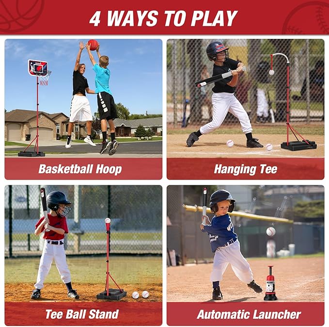 4 in 1 Kids Basketball Hoop and Tball Set for Toddlers 3-5, Adjustable Hanging Tee Ball Stand with Automatic Baseball Pitching Machine, Indoor Outdoor Sport Toys Birthday for Boys