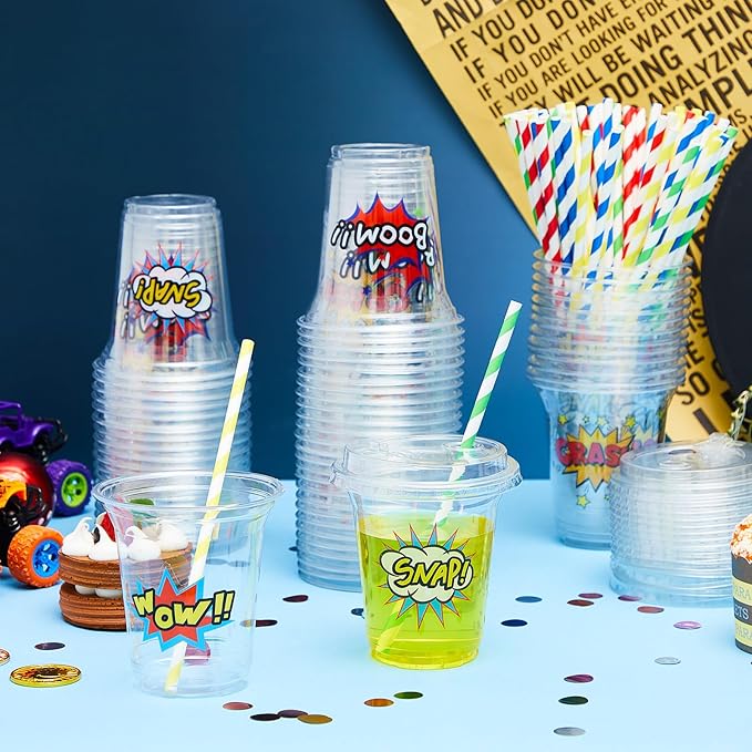 Boao 36 Sets Hero Party Cups with Lids and Paper Straws 14 oz Hero Birthday Party Supplies Favors Disposable Clear Plastic Cups Bulk
