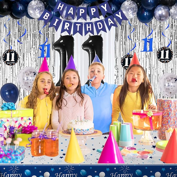 11th Birthday Decorations for Boys and Girls Dark Blue, 11 Year Old Birthday Decorations with HAPPY BIRTHDAY Banner Number 11 Balloon Tablecloth Foil Star Balloons Garland Arch Kit Party Supplies