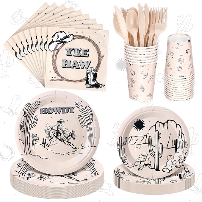 168 Pcs Boho Cowboy Rodeo Birthday Party Supplies Western Party Decorations, Howdy Cowgirl Supplies, Yeehaw Baby Shower Favors, Wild West Tableware(Cowboy,Rodeo)
