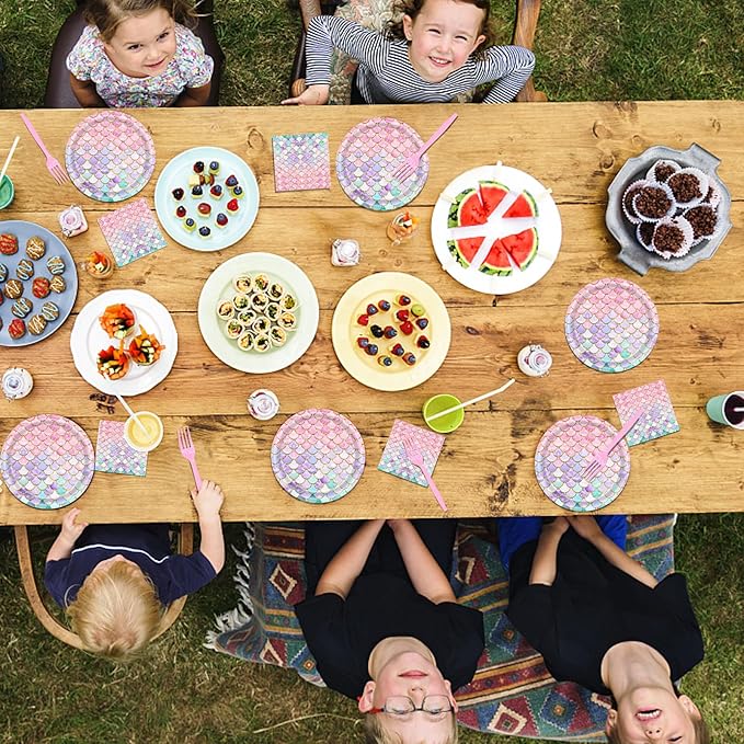 Dixutzi 96 Pcs Mermaid Birthday Party Decorations, Mermaid Party Supplies Including Paper Plate, Napkin and Fork, Ocean Theme Decor Tableware Set for Birthday, Serves 24