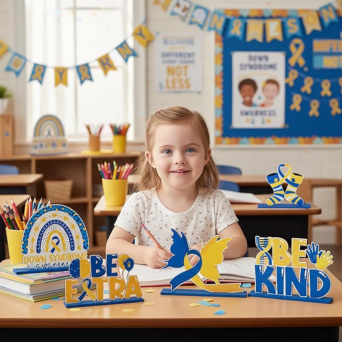 6Pcs Down Syndrome Awareness Wooden Tiered Tray Decoration Centerpieces, Yellow Blue Ribbon Wood Sign Table Topper Decor The Lucky Few Holiday Party Supplies for School Home Office Desk Shelf