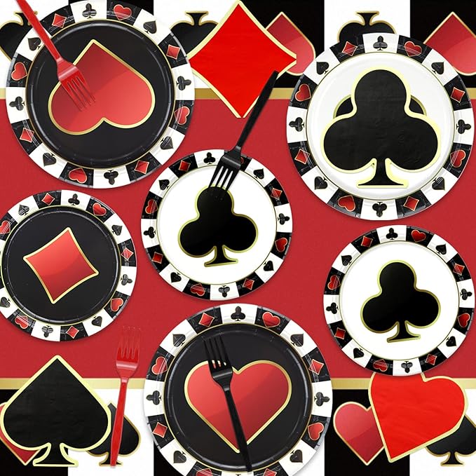 Casino Birthday Party Plates Set for 20 Guests, Including Poker Tablecloth, Napkins, Forks and Plates for Casino Theme Party Decorations Game Night Baby Shower