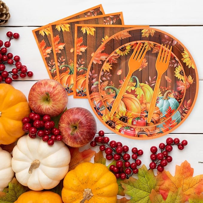 96 Pieces Thanksgiving Pumpkin Tableware Set Party Supplies - Rustic Wood Grain Disposable Dinnerware with Paper Plates, Napkins, Forks for Fall Harvest, Friendsgiving, and Thanksgiving Dinner