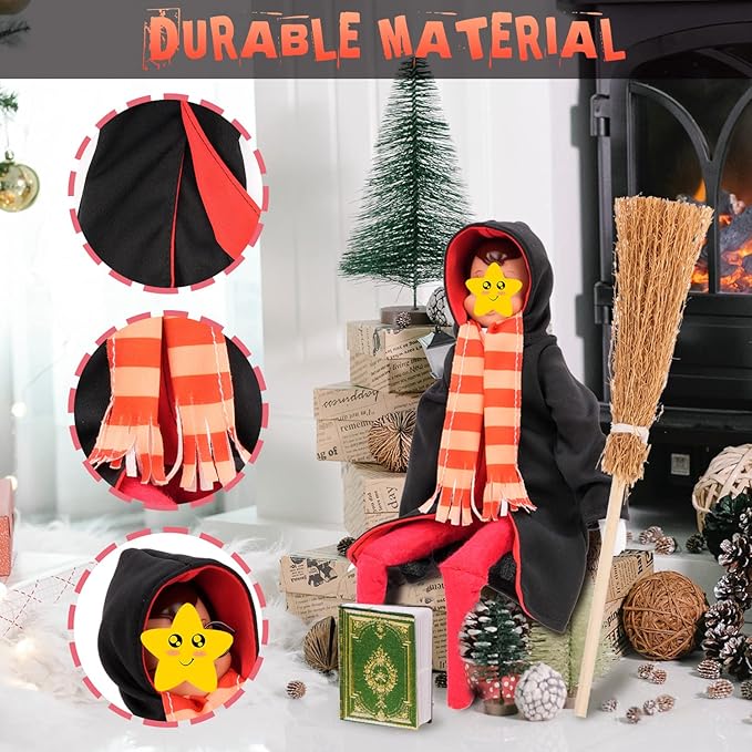 Doll Clothing Wizard Robe for Doll Christmas Elf Doll Costume Halloween Elf Clothing Dress up Accessories Includes Broom, Scarf, Mini Glasses, Mini Blank Book.