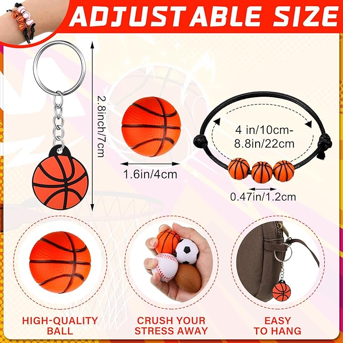 Nosiny 108 Pcs Basketball Party Favors Bulk Basketball Keychain Gifts Stress Balls Charm Bracelets 36 Pieces Each for Team Birthday Party Supplies