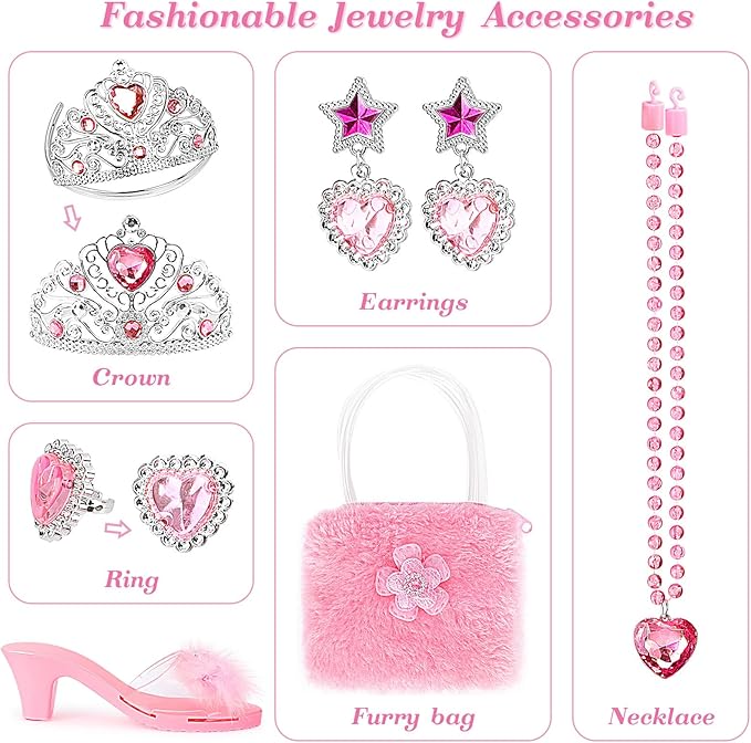 Princess Dress Up Shoes Pretend Play Jewelry Toys Set 3 Pairs of Shoes with Tiara Earrings Necklaces Ring Role Play Set for Little Girls Aged 3-6 Years Old