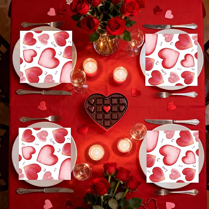 50PCS Valentines Day Paper Napkins - 13 X 13 Inch 2-Ply Disposable Paper Napkins with Pink Heart Design for Valentine's Parties, Weddings, Anniversaries Party Decoration