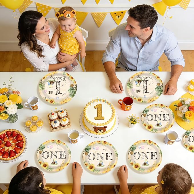 96Pcs Classic Bear 1st Birthday Decorations Watercolor Bear Plates and Napkins Cartoon Theme First Birthday Decoration Favors for Kids One Year Old Bday Baby Shower Party Supplies Serves 24