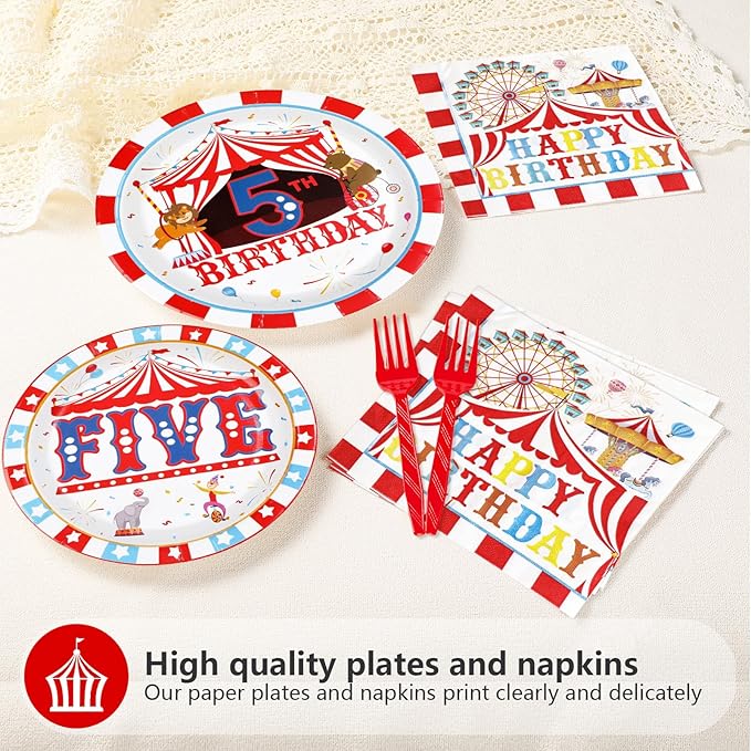 96Pcs Carnival 5th Birthday Party Decorations Christmas Carnival Circus Fifth Birthday Plates and Napkins Tableware Sets Circus Theme Decorations for Kids Baby Shower Five Years Old Supplies Serves 24