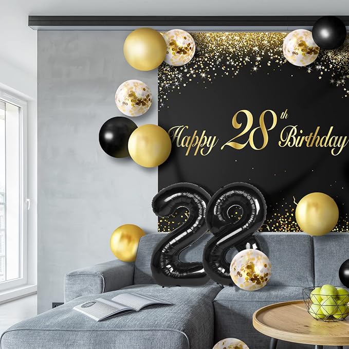 Happy 28th Birthday Balloons Black Set Decor - Cheers to 28 Years Old Party Theme Garland Banner Backdrop Decorations For Women and Men Supplies