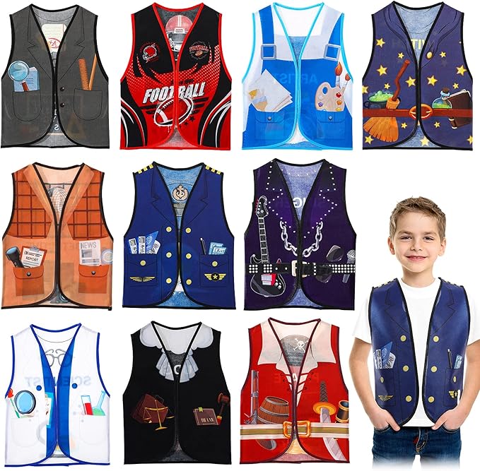 Threan 10 Pcs Kids Dress Up Vest Children Role Play Vest Career Costume for Dramatic Pretend Play Party Supplies, 17 x 13.8 Inches(Cool Style)
