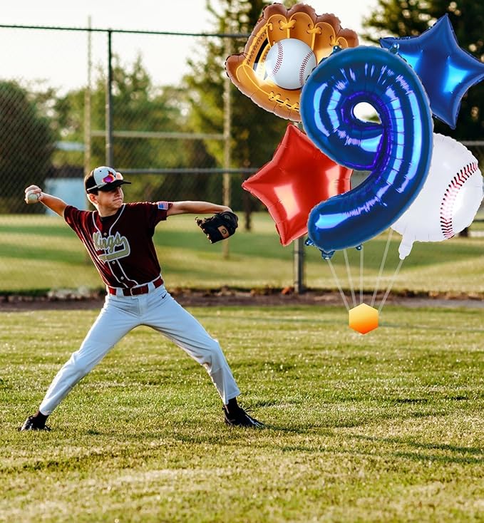 Baseball Balloons 9th Birthday Decorations for Boys | Baseball Birthday Decoration Sports Theme Party Supplies, 32Inch Foil Mylar Number 9 Balloon Navy Blue Red White Sports Balloon Arch Kits