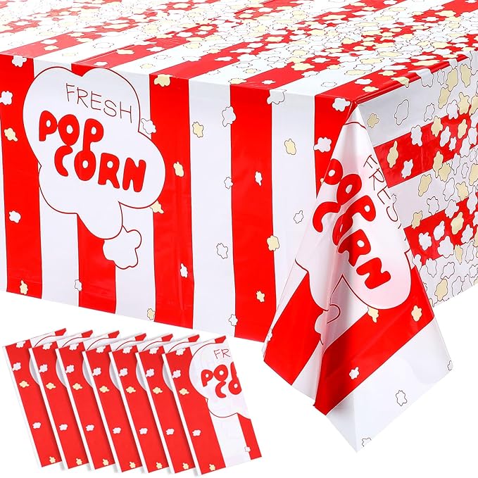 Irenare 6 Pieces Popcorn Tablecloth Decorations Plastic Popcorn Table Cover Carnival Theme Party Tablecloth for Carnival, Circus Themed, Movie Night Birthday Party Supplies, 54 x 108 Inch