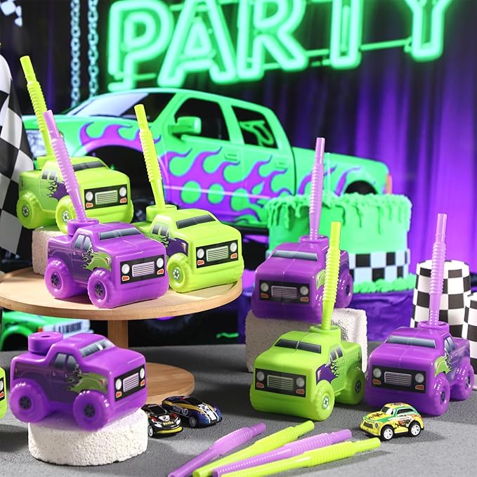 Tanlade 12 Set Green and Purple Monster Truck Road Cups with Straws, Plastic Vehicle off Road Drink Cup Reusable Truck Cups Bulk Race Car Birthday Party Favor Supplies for Racing Party Supplies