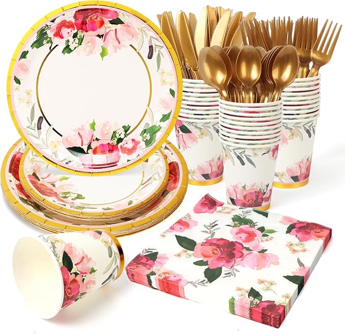 168Pcs Paper Plates Floral Rose Gold Party Plates and Napkins Vintage Flower Disposable Tableware Serve for 24 Bridal Shower Wedding Baby Shower Tea Party Supplies Decorations