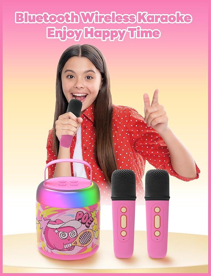 Jellie O-K Kids Wireless Karaoke Speaker with Handheld Microphone, Portable, Premium Sound, Cute Characters, Fun for The Whole Family. (Pink)