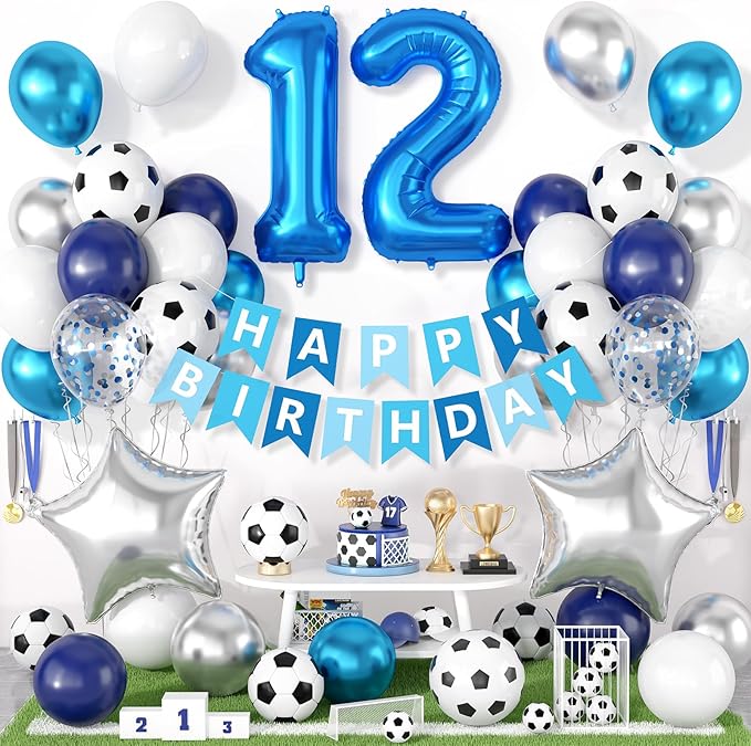 12th Soccer Birthday Party Decoration for Boys, 12th Soccer Party Decoration with Blue White Silver Balloons 'HAPPY BIRTHDAY' Banner 32in Foil 12 Balloon for Boy Kids Baby Shower Decor