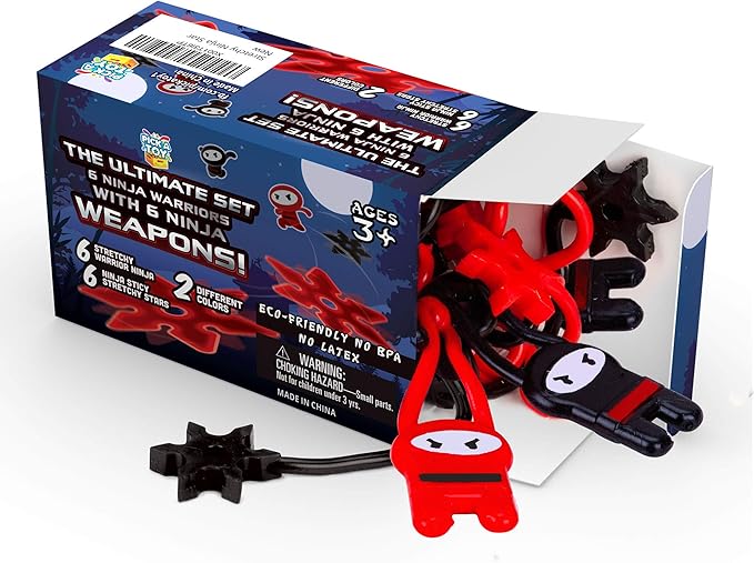 PICK A TOY Ninja Party Favors for Kids – 12 Pack Stretchy Flying Ninjas, Sticky Slingshot & Throwing Stars Toys – Goodie Bag Stuffers, Classroom Prizes, Easter Basket Egg Filler
