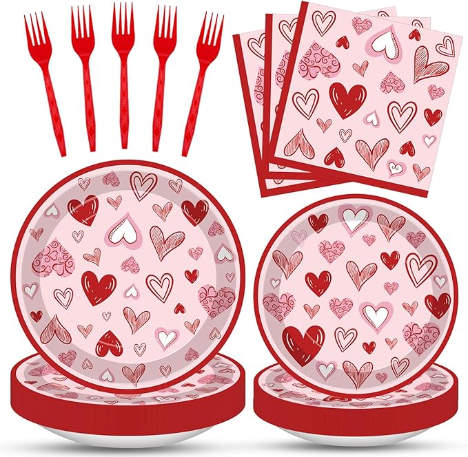 100 Pcs Valentine’s Day Heart Tableware Party Supplies Set, Serves 25 – Disposable Pink & Red Heart Paper Plates, Napkins, and Forks for Romantic Dinner, Bridal Shower, Love-Themed Party Decorations
