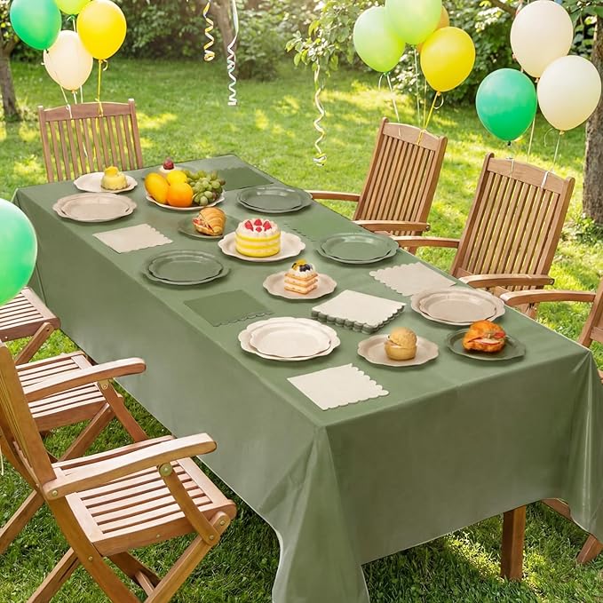 LemonRoad 100 Pcs Nude Sage Green Paper Plates Napkins and Plastic Tablecloth Set for 24, Gradient Green Tan Disposable Dinner Dessert Plate for Baby Shower Birthday Wedding Party Decoration Supply