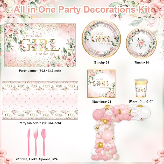 Baby Shower Decorations for Girl 278 Pcs Pink Floral Baby Shower Party Supplies: Little Girl Is on Her Way Banner, Plates, Napkins, Cups,Tablecloth, Balloons, Serve 24