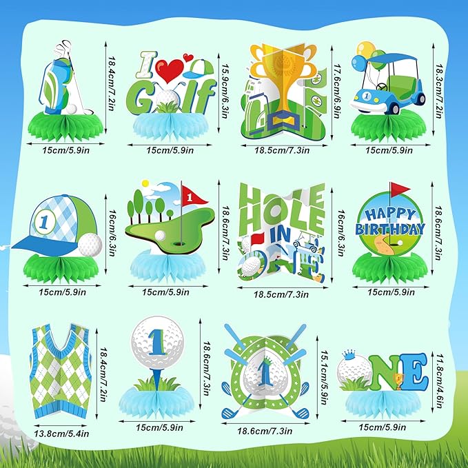12 Pcs Golf Birthday Party Decoration 1st Hole in One Honeycomb Table Centerpieces Green White Golf Table Decoration Topper Birthday Party Favors Supplies