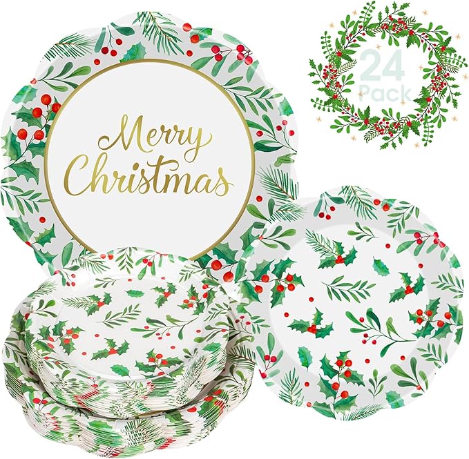 24 Pcs Merry Christmas Paper Plates Set - Disposable Round Christmas Plates, Holly Leaf Red Berry Dinner Dessert Plate Paper Dinnerware Kit for Winter Xmas Party Table Decorations Supplies Favors