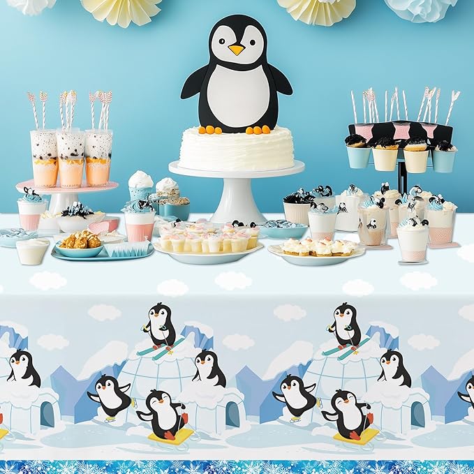 APOWBLS Penguin Birthday Decorations Tablecloth, 3 Pack Disposable Winter Penguin Party Supplies Table Cover for Birthday Baby Shower, 55in x 86in