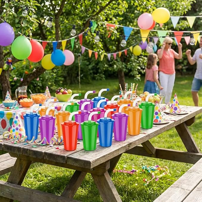 Zubebe 24 Pcs Neon Straws Cups 12 oz Colorful Neon Cups with Sipper and Lids Plastic Favor Reusable Straw for Birthday Party Events Supplies, 6 Colors
